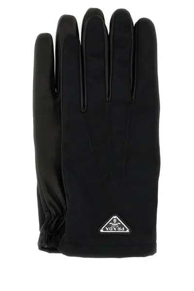Prada Men Black Nylon And Nappa Leather Gloves