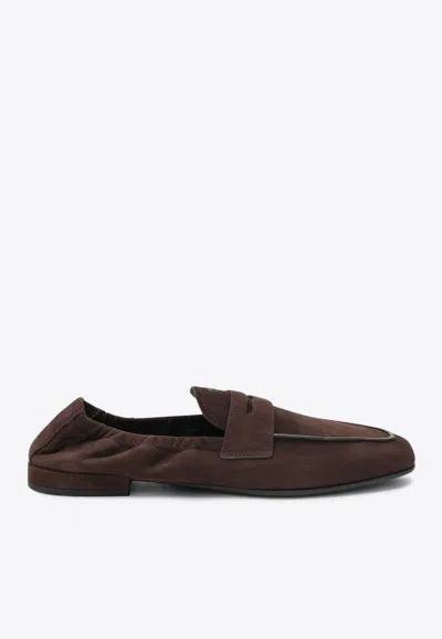 Prada Elasticated Suede Penny Loafers In Brown