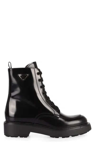 Prada Elegant Leather Ankle Boots With Lace-up Detail In Black