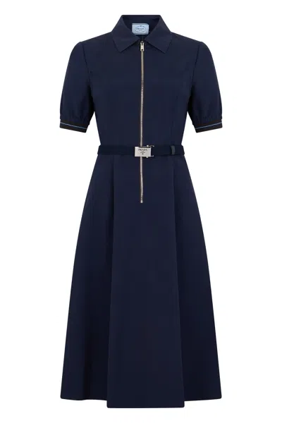 Prada Elegant Long Cotton Dress With Belt In Blue