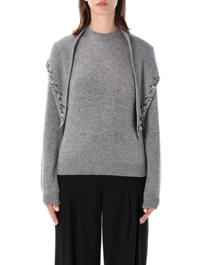 Prada Embellished Cashmere Sweater With Draped Scarf In Gray