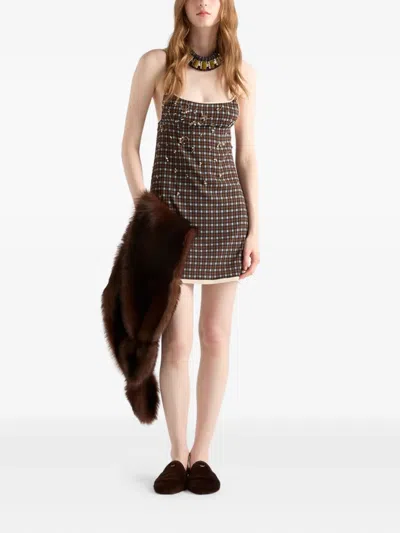 Prada Embellished Checked Mini Dress In Brown