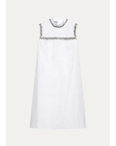 Prada Embellished Cotton Mini Dress In Bianco