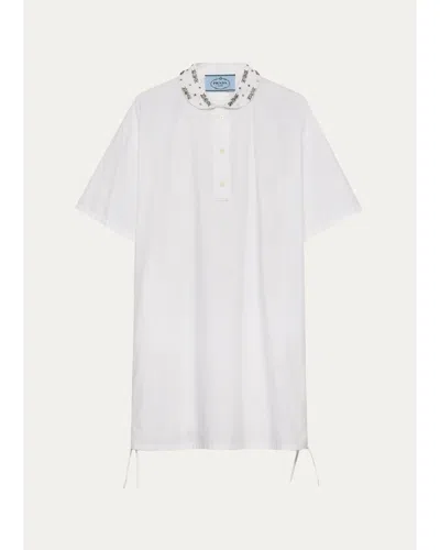 Prada Embellished Cotton-blend Mini Polo Dress In Bianco