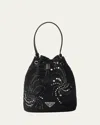 Prada Embellished Drawstring Nylon Bucket Bag In Nero
