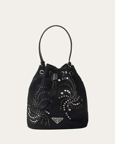 Prada Embellished Drawstring Nylon Bucket Bag In Nero