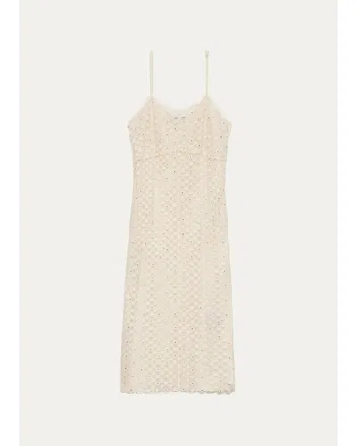 Prada Embellished Floral Mesh Midi Dress In Natural