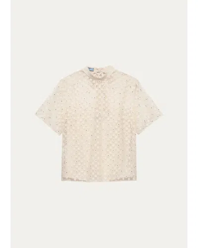 Prada Embellished Floral Mesh Top In Neutral
