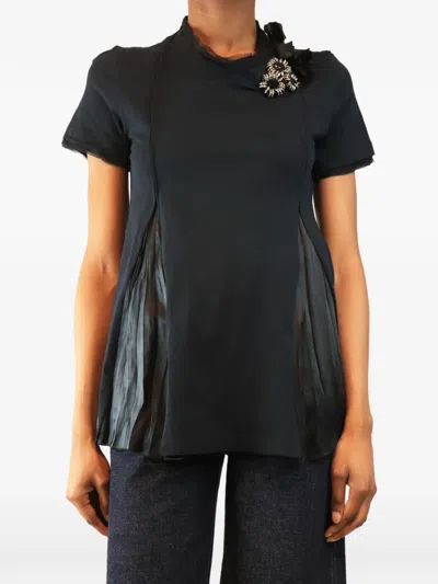 Pre-owned Prada Embellished Pleated Blouse In Black