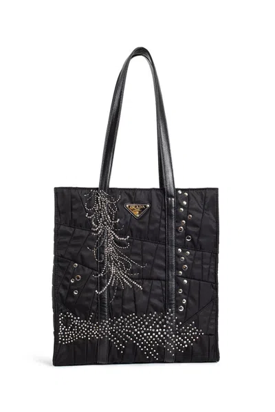 Prada Embellished Quilted Tote Bag In Black