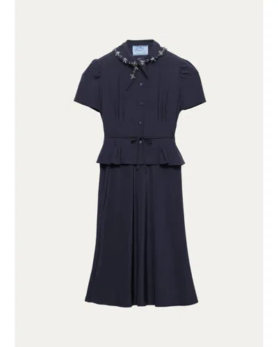 Prada Embellished Scarf-neck Short-sleeve Peplum Midi Dress In Black