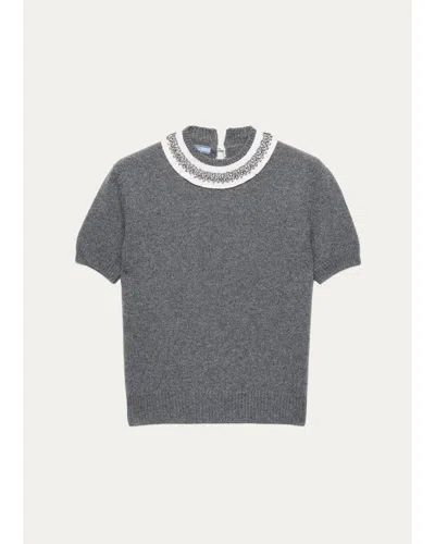 Prada Embellished Short-sleeve Sweater In Gray