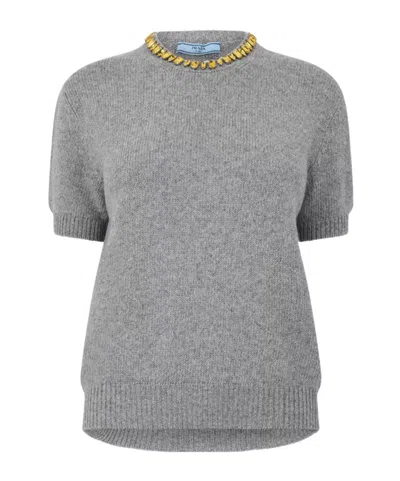 Prada Embellished Short-sleeved Sweater In Gray