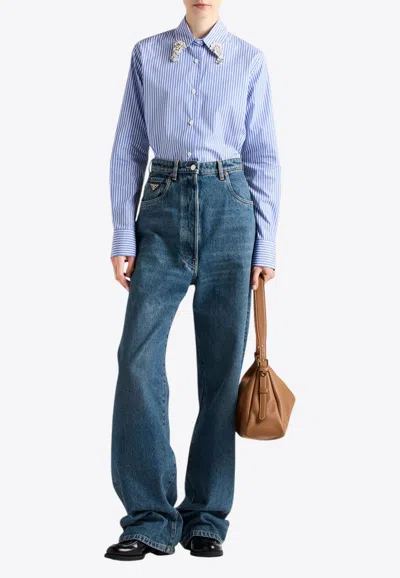 Prada Embellished Stripe Shirt In Blue