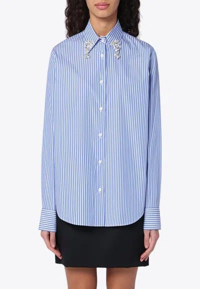 Prada Embroidered Stripe Poplin Shirt In Blue