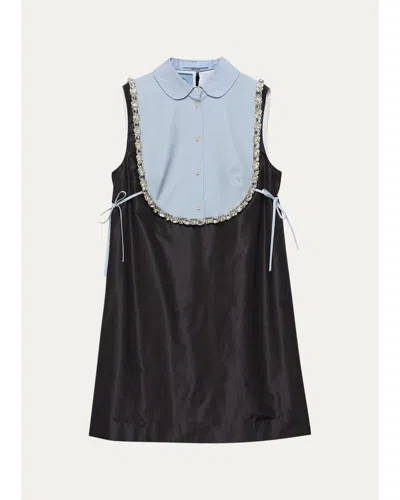 Prada Embellished Taffeta Collared Mini Dress In Nero