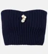Prada Pearl-embellished Knit Wool-cashmere Bustier Top In Blue