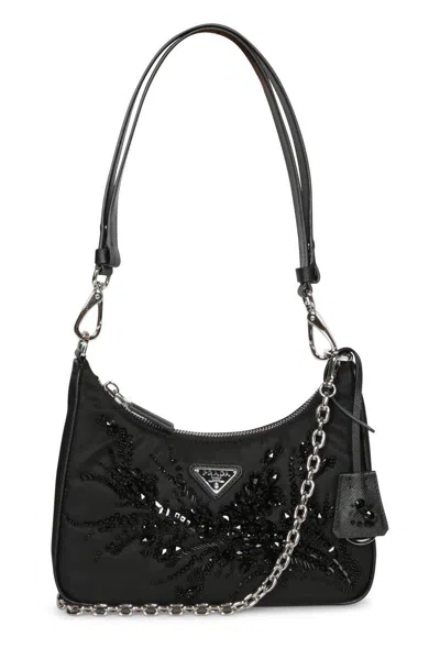 Prada Embellished Zipped Shoulder Bag In Black