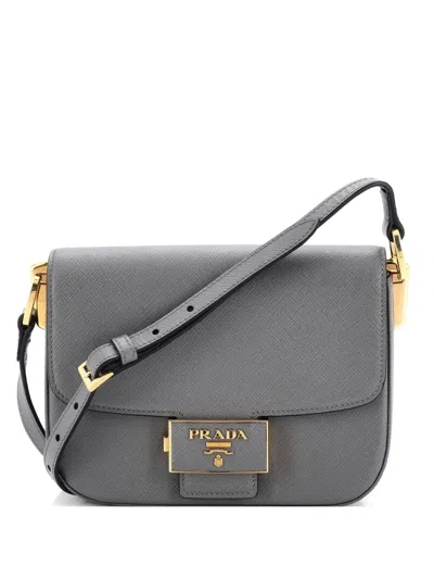 Pre-owned Prada Embleme Flap Bag Saffiano Leather Small Shoulder Bag In Gray