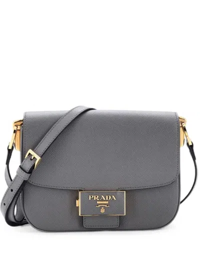 Pre-owned Prada Embleme Flap Bag Saffiano Leather Small Shoulder Bag In Gray