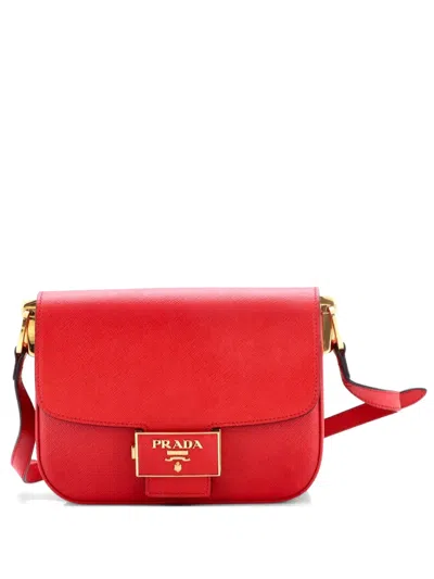 Pre-owned Prada Embleme Flap Bag Saffiano Leather Small Shoulder Bag In Red