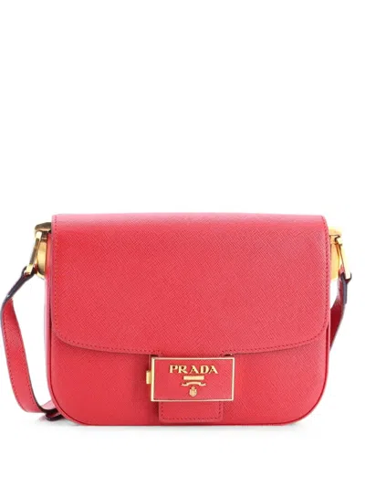 Pre-owned Prada Embleme Flap Bag Saffiano Leather Small Shoulder Bag In Red