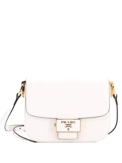 Pre-owned Prada Embleme Flap Bag Saffiano Leather Small Shoulder Bag In White