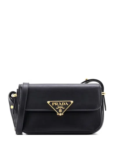 Pre-owned Prada Embleme Triangle Logo Flap Bag Soft Calfskin East West Shoulder Bag In Black