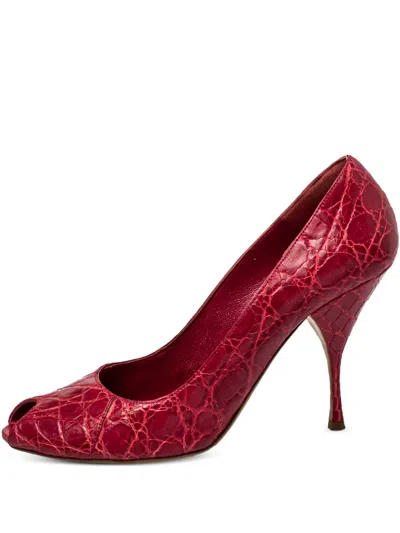 Pre-owned Prada Embossed-croc Peep-toe Pumps In Red