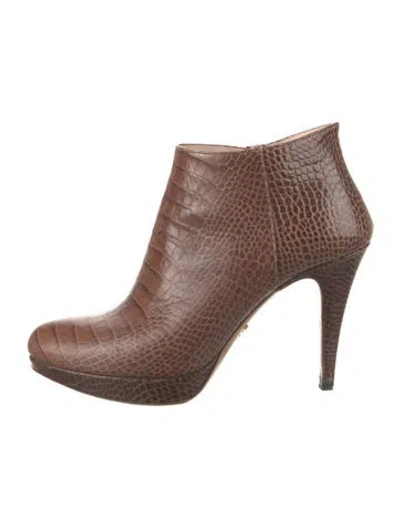 Pre-owned Prada Embossed Leather Animal Print Boots In Brown