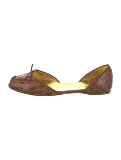 Pre-owned Prada Embossed Leather Bow Accents D'orsay Flats In Brown