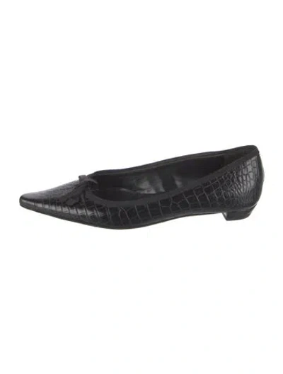 Pre-owned Prada Embossed Leather Bow Accents Flats In Black