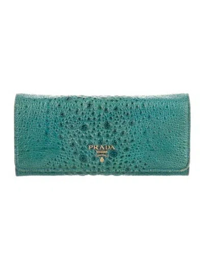 Pre-owned Prada Embossed Leather Continental Wallet In Blue/green