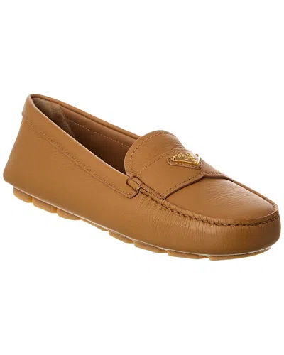 Prada Triangle-logo Leather Driving Loafers In Brown