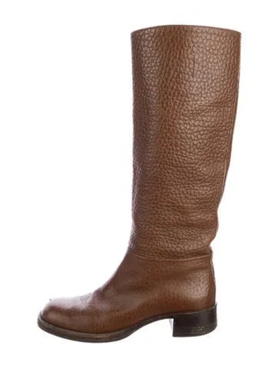 Pre-owned Prada Embossed Leather Riding Boots In Brown