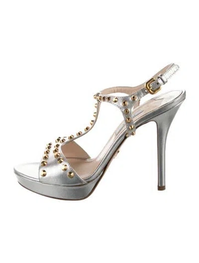 Pre-owned Prada Embossed Leather Studded Accents T-strap Sandals In Silver