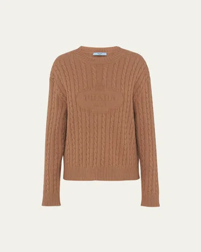 Prada Embossed Logo Cable Cashmere Sweater In Cammello