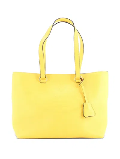 Pre-owned Prada Embossed Logo Open Vitello Daino Medium Tote Bag In Yellow