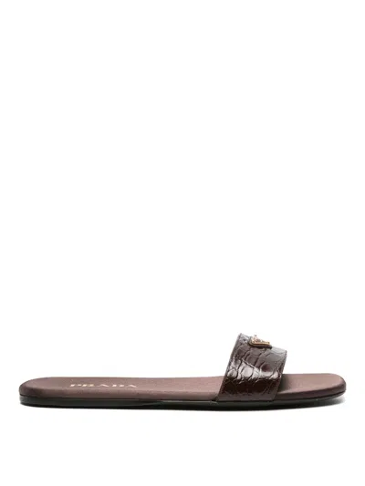 Prada Triangle Logo Croc-embossed Leather Flat Sandals In Brown