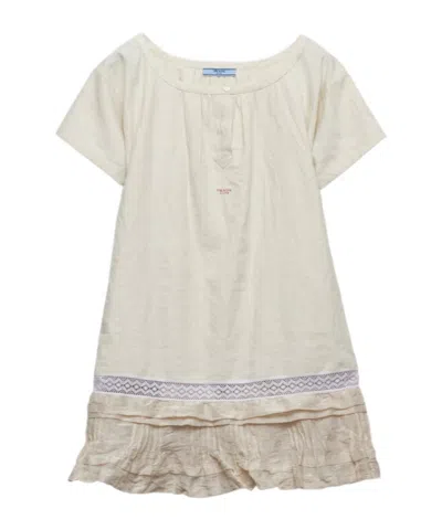 PRADA EMBROIDERED ANTIQUED SILK AND LINEN MINI-DRESS