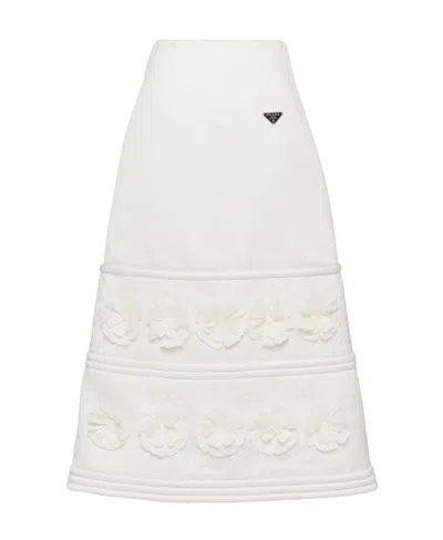 Prada Embroidered A-line Midi Skirt In White