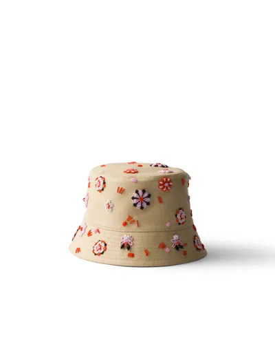 Prada Embroidered Canvas Bucket Hat In Brown