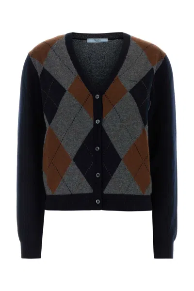 Prada Embroidered Cashmere Cardigan In Checked