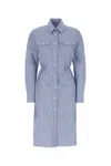 Prada Embroidered Shirt Dress With Pockets And Cinched Waist In Bleu