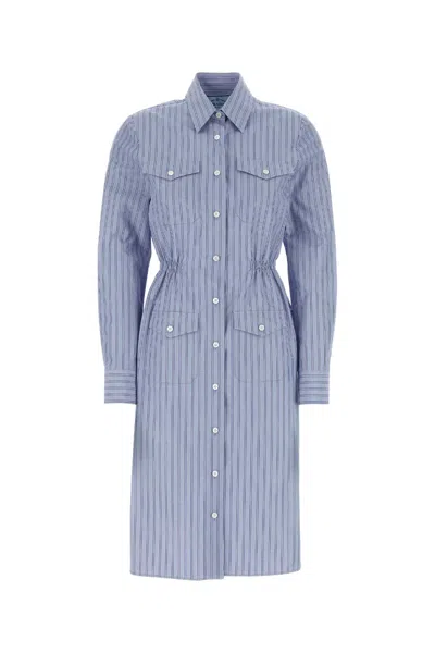 Prada Embroidered Shirt Dress With Pockets And Cinched Waist In Blue
