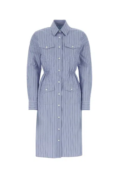Prada Embroidered Chambray Shirt Dress In Blue