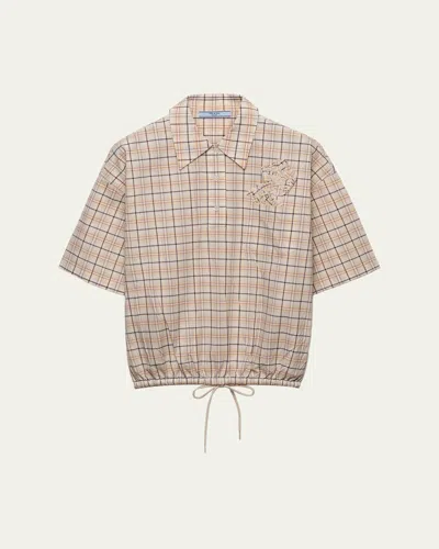 Prada Embroidered Check Cotton Polo Top In Neutral
