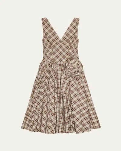 Prada Embroidered Check Cotton Poplin Midi Dress In Brown