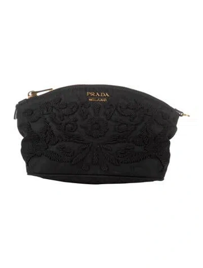 Pre-owned Prada Embroidered Cosmetics Bag In Black