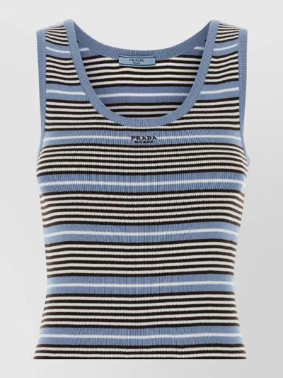 Prada Embroidered Cotton Blend Striped Tank Top In Blue